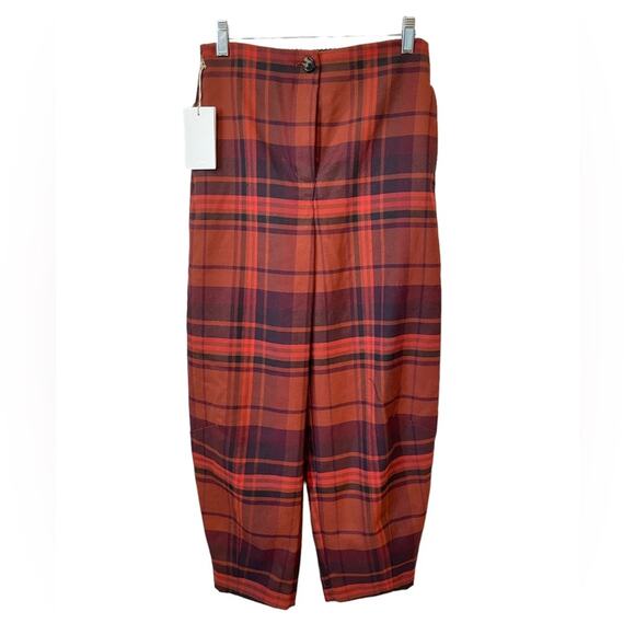 WILFRED NWT ARITZIA Dawna Check Plaid Barrel Leg Pant Burgundy Size Small Autumn - Picture 2 of 10
